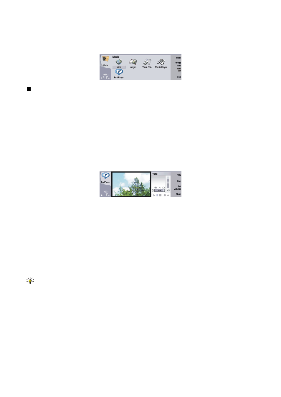 Media applications, Realplayer, Playing media clips | Adjusting media volume, Sending media clips | Nokia 9500 User Manual | Page 71 / 112