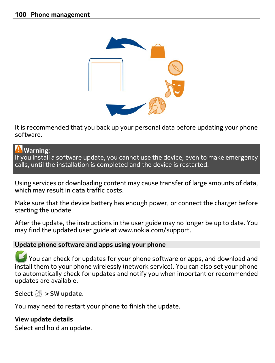 Update phone software and apps using your phone | Nokia N8-00 User Manual | Page 100 / 130