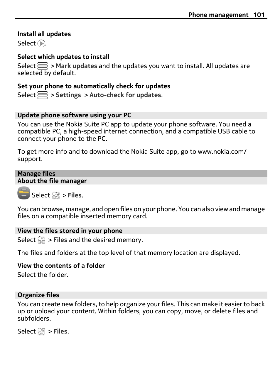 Update phone software using your pc, Manage files, About the file manager | View the files stored in your phone, Organize files | Nokia N8-00 User Manual | Page 101 / 130