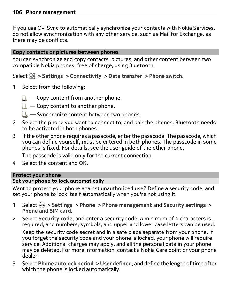 Copy contacts or pictures between phones, Protect your phone, Set your phone to lock automatically | Copy contacts or pictures between, Phones | Nokia N8-00 User Manual | Page 106 / 130