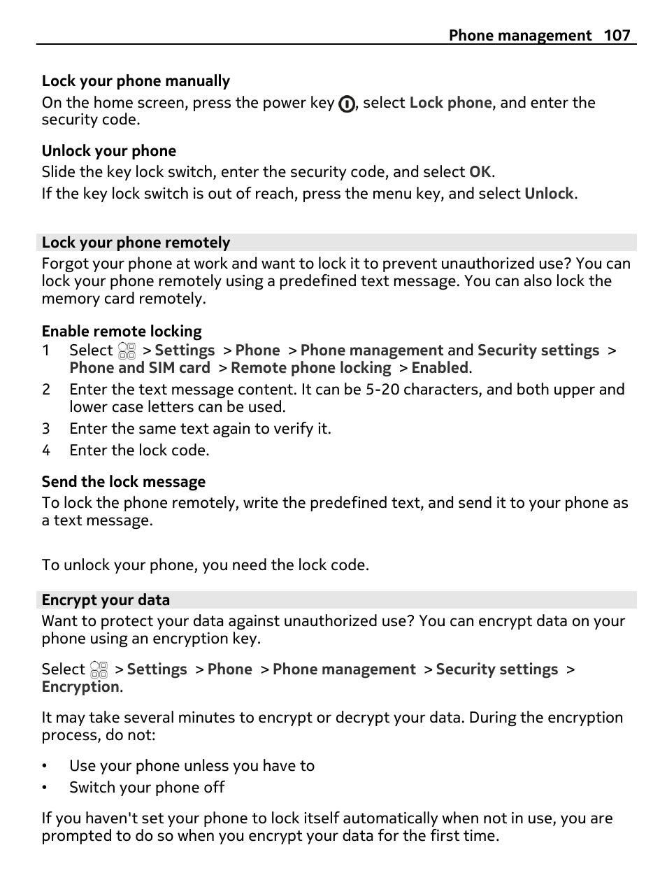 Lock your phone remotely, Encrypt your data | Nokia N8-00 User Manual | Page 107 / 130