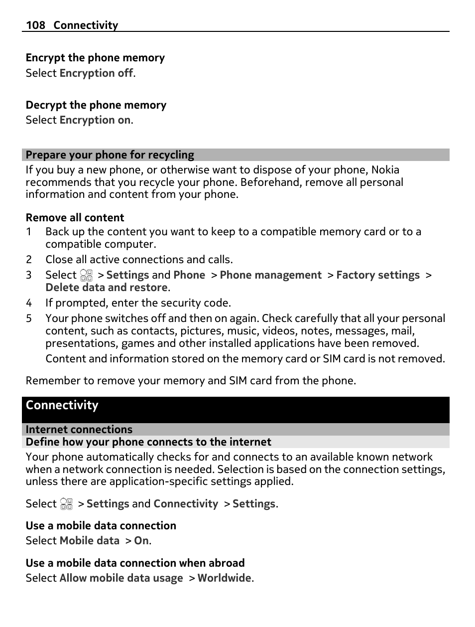 Prepare your phone for recycling, Connectivity, Internet connections | Define how your phone connects to the internet | Nokia N8-00 User Manual | Page 108 / 130