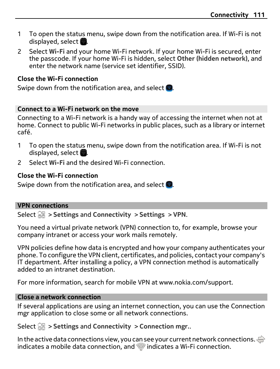 Connect to a wi-fi network on the move, Vpn connections, Close a network connection | Nokia N8-00 User Manual | Page 111 / 130