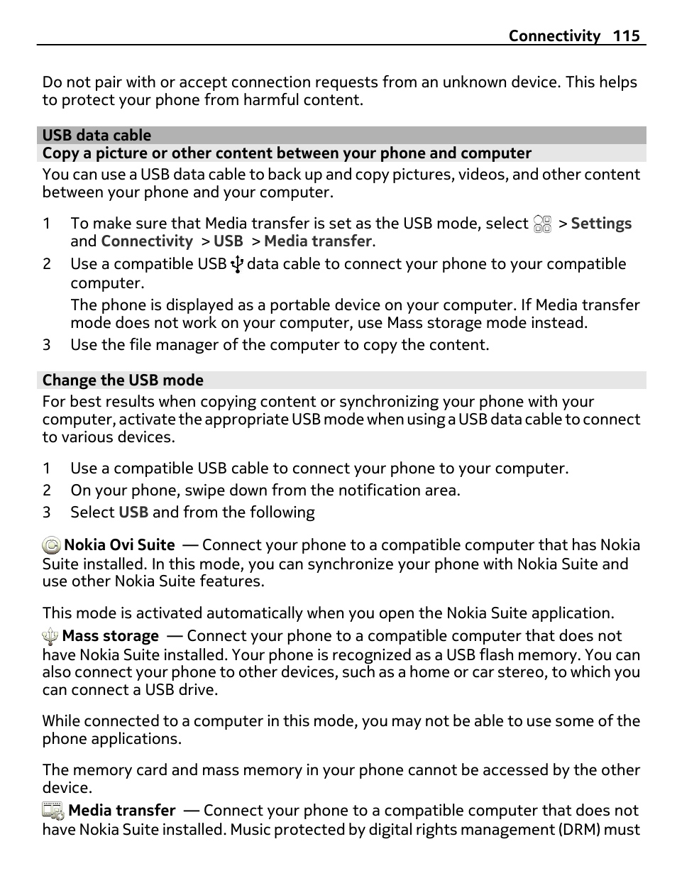 Usb data cable, Change the usb mode | Nokia N8-00 User Manual | Page 115 / 130