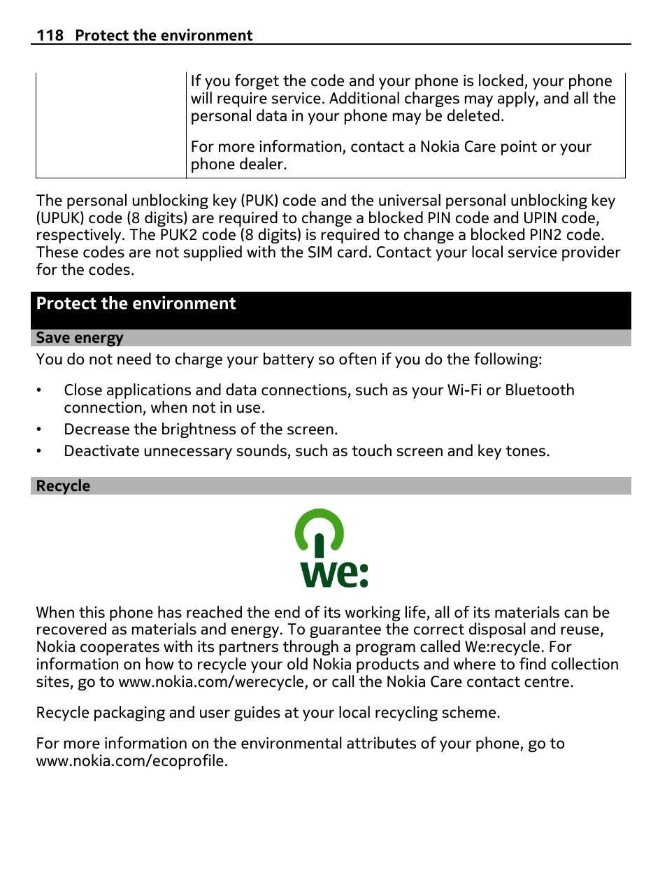 Protect the environment, Save energy, Recycle | Nokia N8-00 User Manual | Page 118 / 130