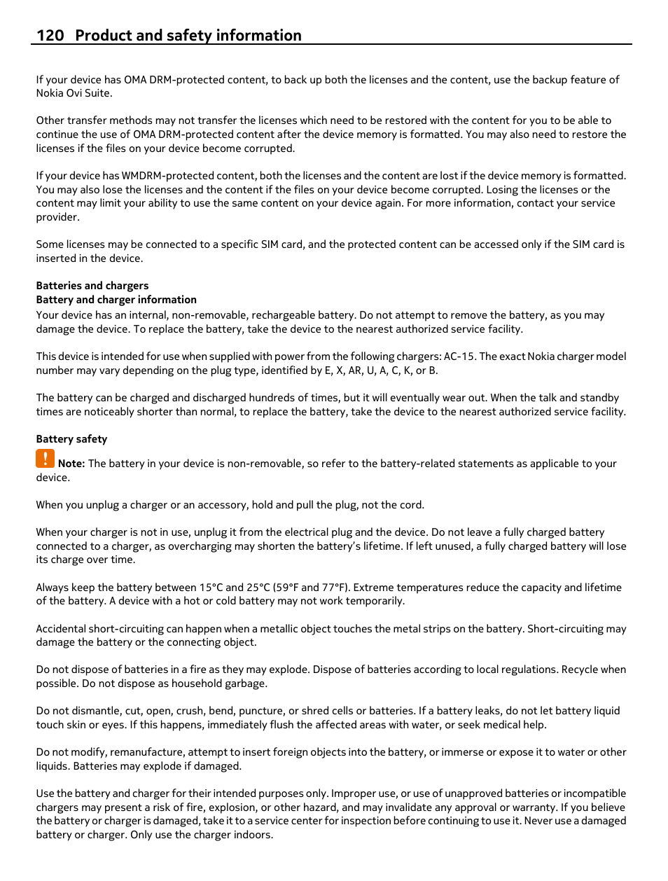 Batteries and chargers, Battery and charger information, Battery safety | 120 product and safety information | Nokia N8-00 User Manual | Page 120 / 130