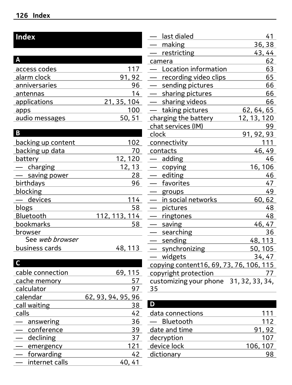 Index | Nokia N8-00 User Manual | Page 126 / 130