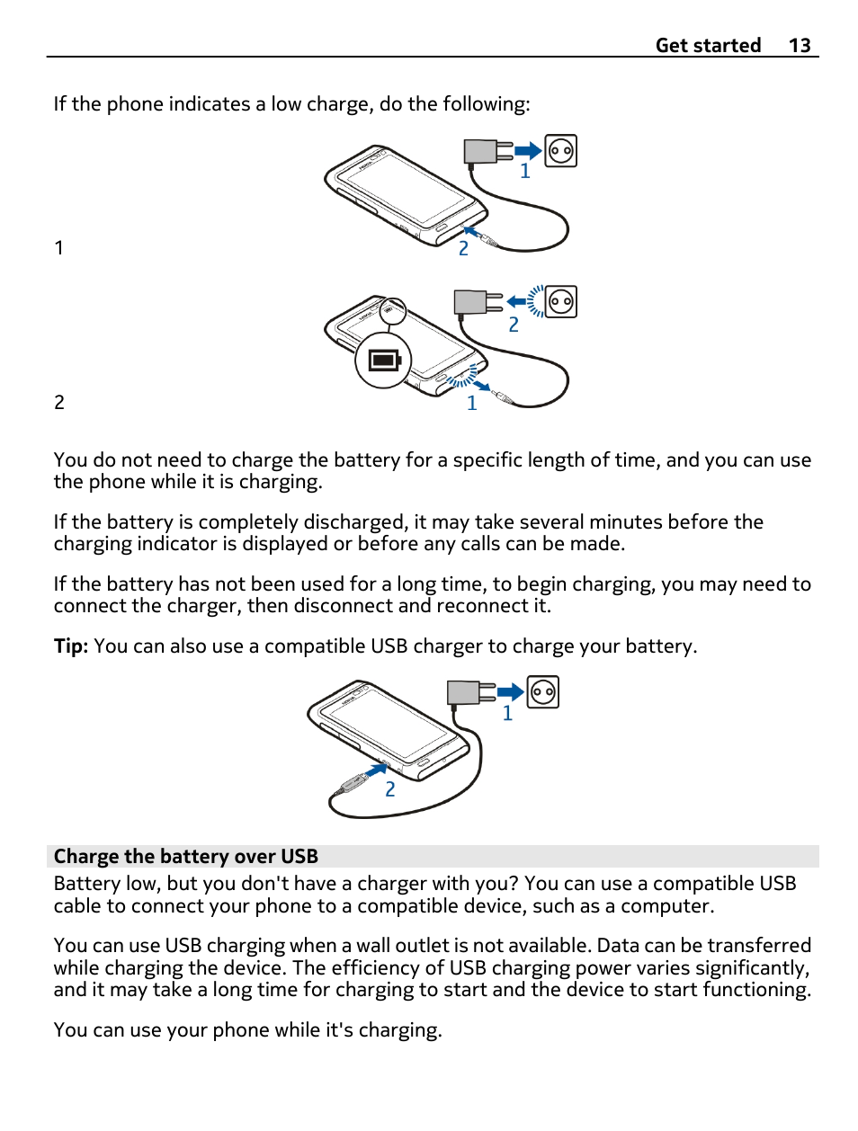 Charge the battery over usb | Nokia N8-00 User Manual | Page 13 / 130