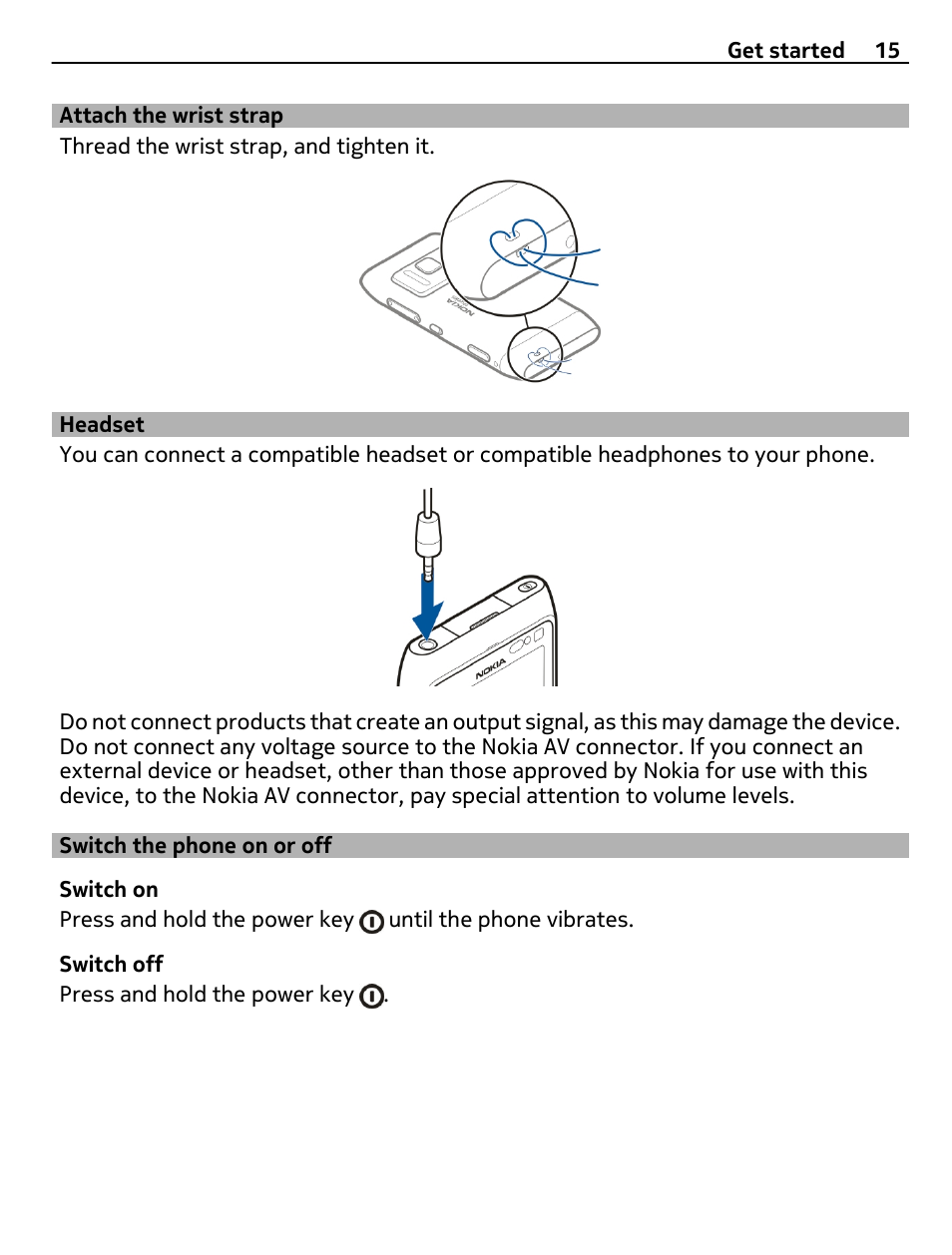 Attach the wrist strap, Headset, Switch the phone on or off | Nokia N8-00 User Manual | Page 15 / 130