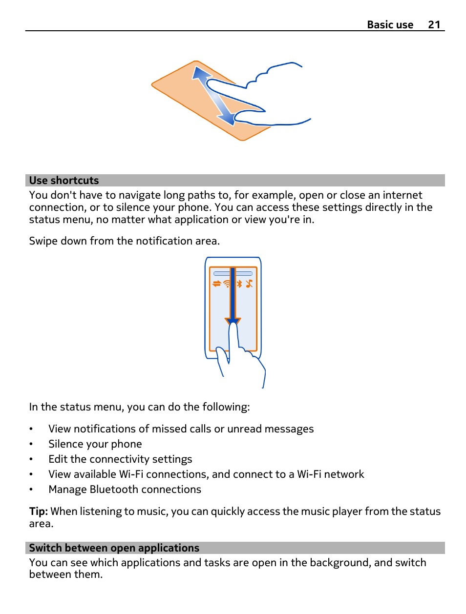 Use shortcuts, Switch between open applications | Nokia N8-00 User Manual | Page 21 / 130
