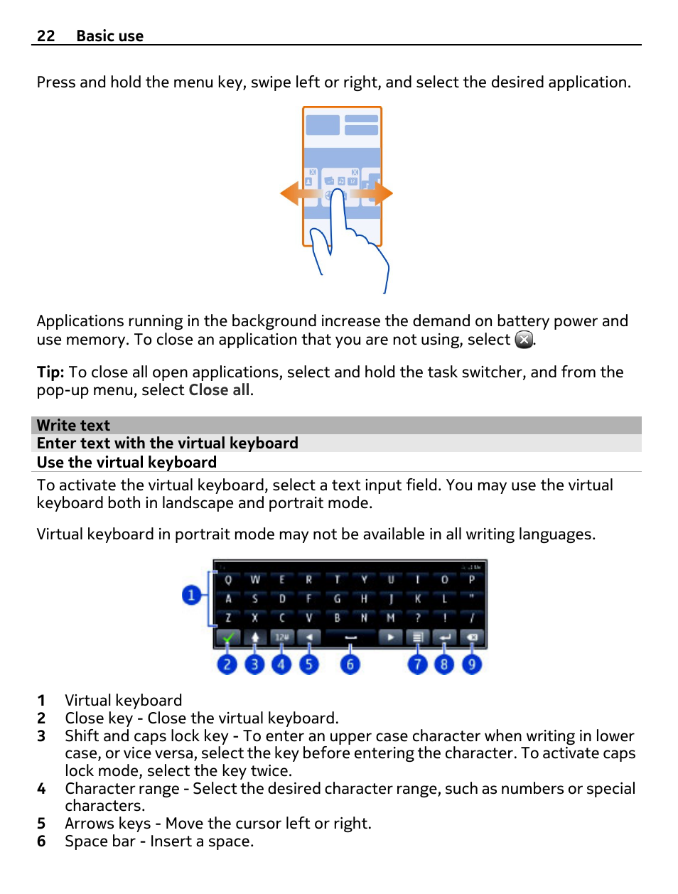 Write text, Enter text with the virtual keyboard, Use the virtual keyboard | Nokia N8-00 User Manual | Page 22 / 130
