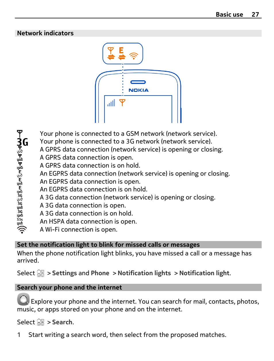 Network indicators, Search your phone and the internet, Set the notification light to blink for | Missed calls or messages, Search your phone and the internet 27 | Nokia N8-00 User Manual | Page 27 / 130