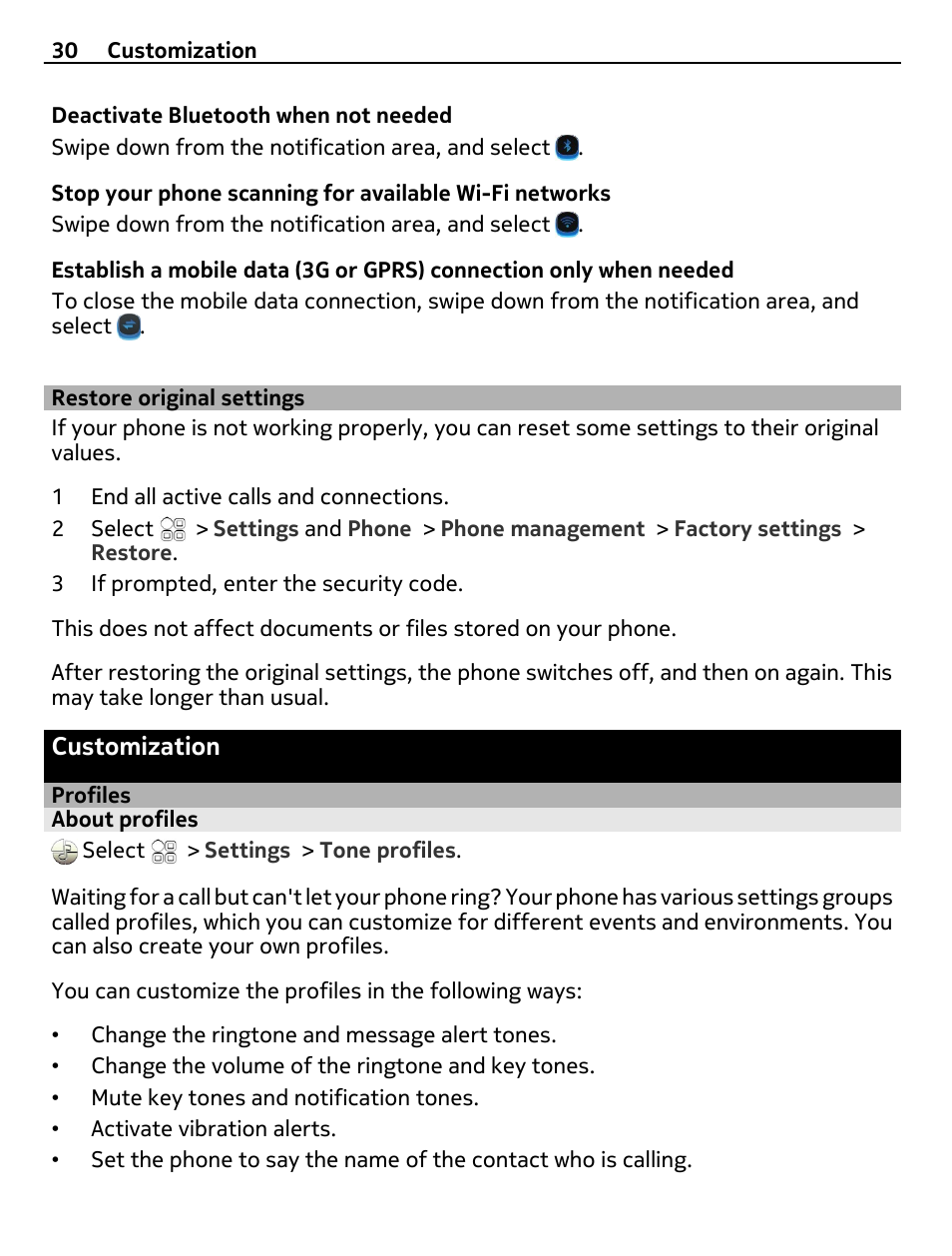 Restore original settings, Customization, Profiles | About profiles | Nokia N8-00 User Manual | Page 30 / 130