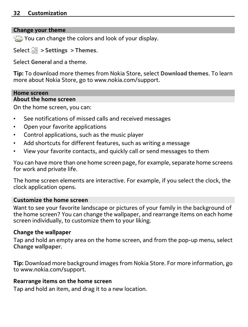 Change your theme, Home screen, About the home screen | Customize the home screen | Nokia N8-00 User Manual | Page 32 / 130