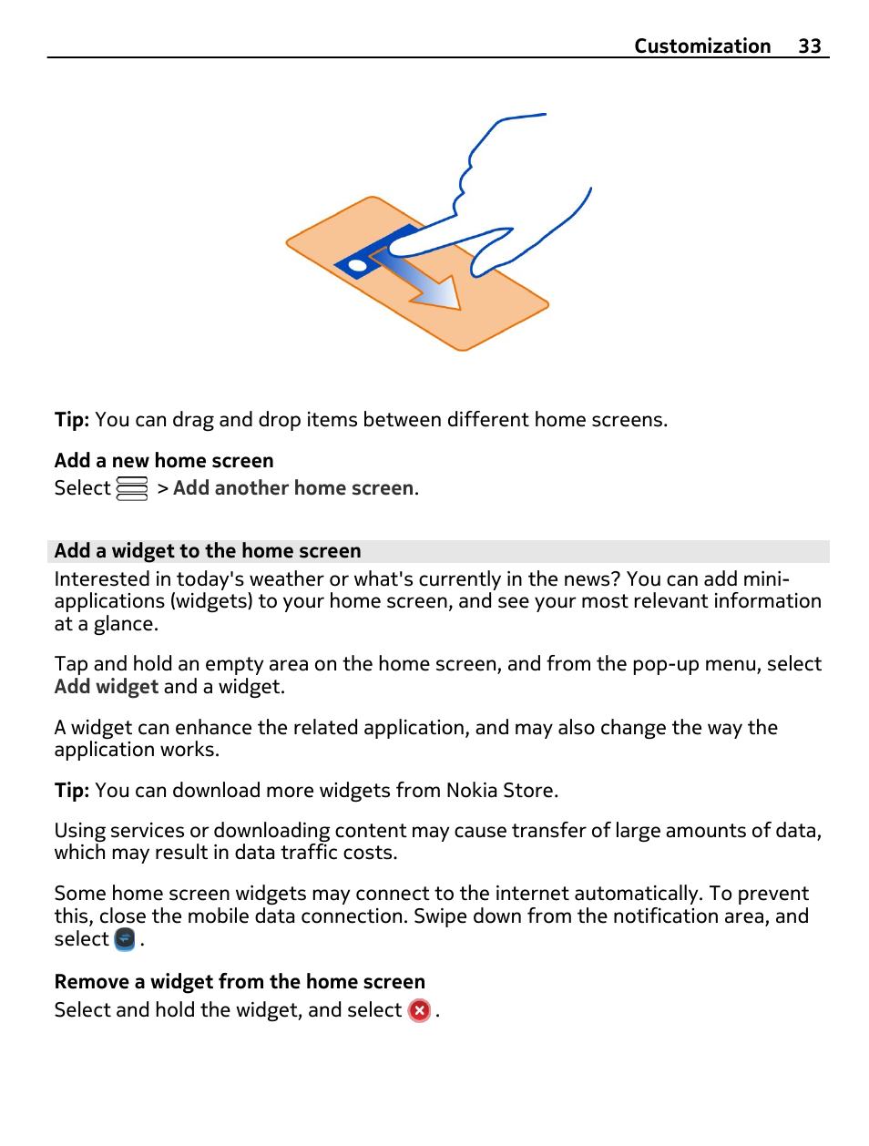 Add a widget to the home screen | Nokia N8-00 User Manual | Page 33 / 130