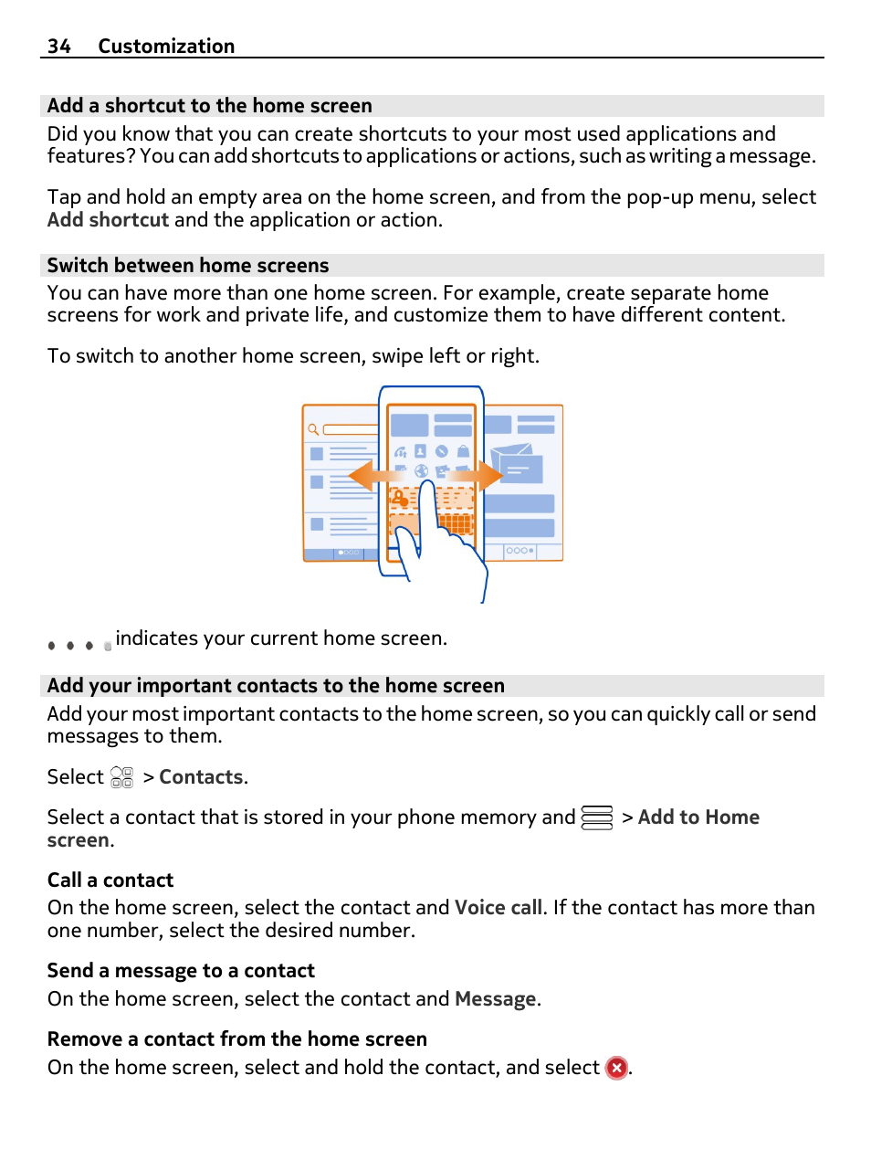 Add a shortcut to the home screen, Switch between home screens, Add your important contacts to the home screen | Nokia N8-00 User Manual | Page 34 / 130