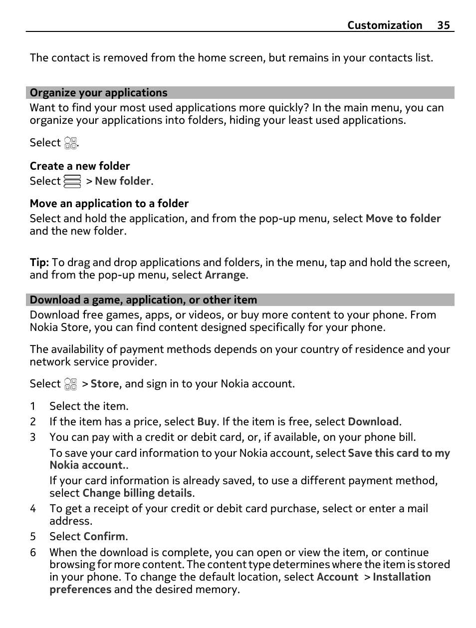 Organize your applications, Download a game, application, or other item, Download a game, application, or | Other item | Nokia N8-00 User Manual | Page 35 / 130