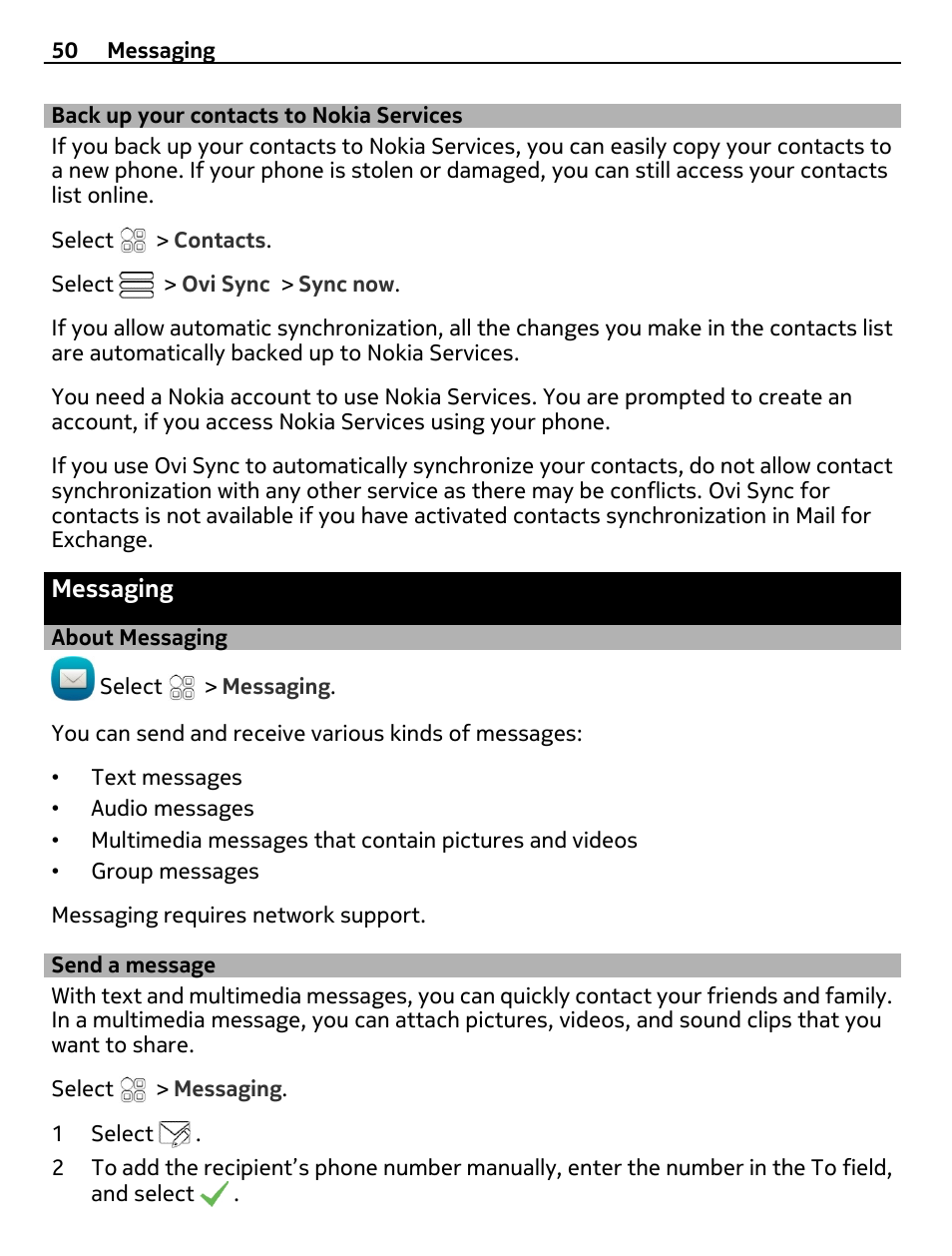 Back up your contacts to nokia services, Messaging, About messaging | Send a message, Back up your contacts to nokia, Services | Nokia N8-00 User Manual | Page 50 / 130