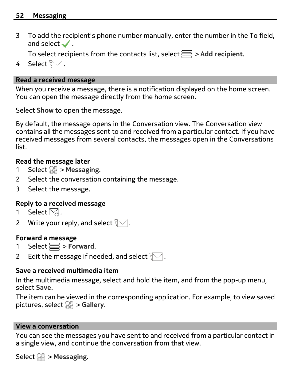 Read a received message, View a conversation | Nokia N8-00 User Manual | Page 52 / 130