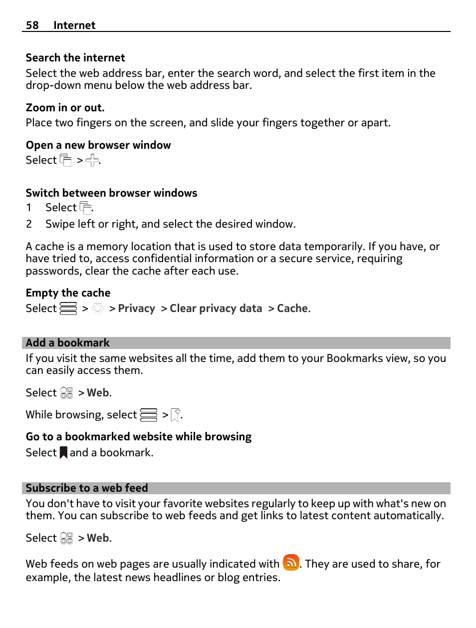 Add a bookmark, Subscribe to a web feed | Nokia N8-00 User Manual | Page 58 / 130