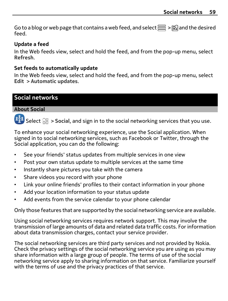 Social networks, About social | Nokia N8-00 User Manual | Page 59 / 130