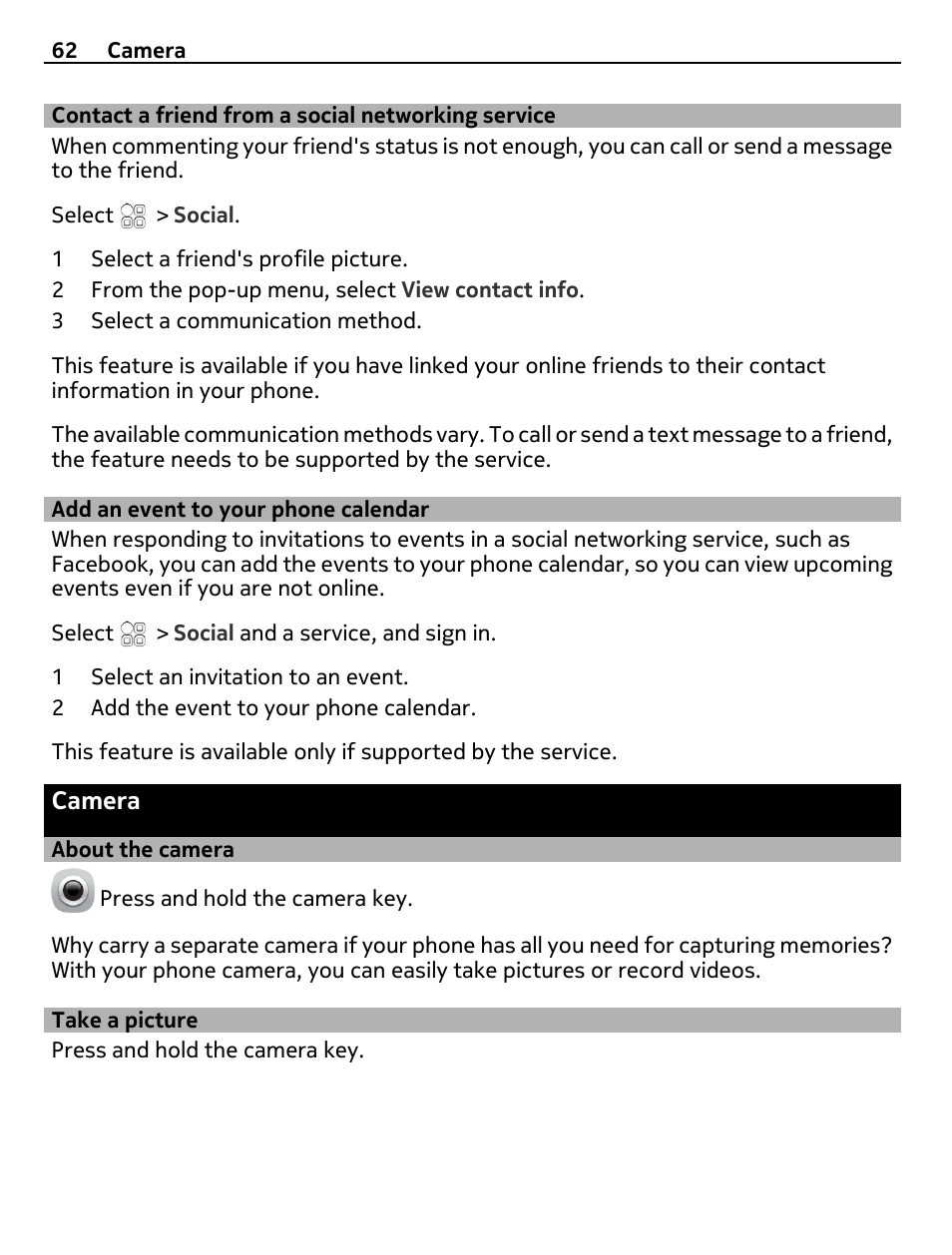 Contact a friend from a social networking service, Add an event to your phone calendar, Camera | About the camera, Take a picture, Contact a friend from a social, Networking service, Add an event to your phone calendar 62 | Nokia N8-00 User Manual | Page 62 / 130