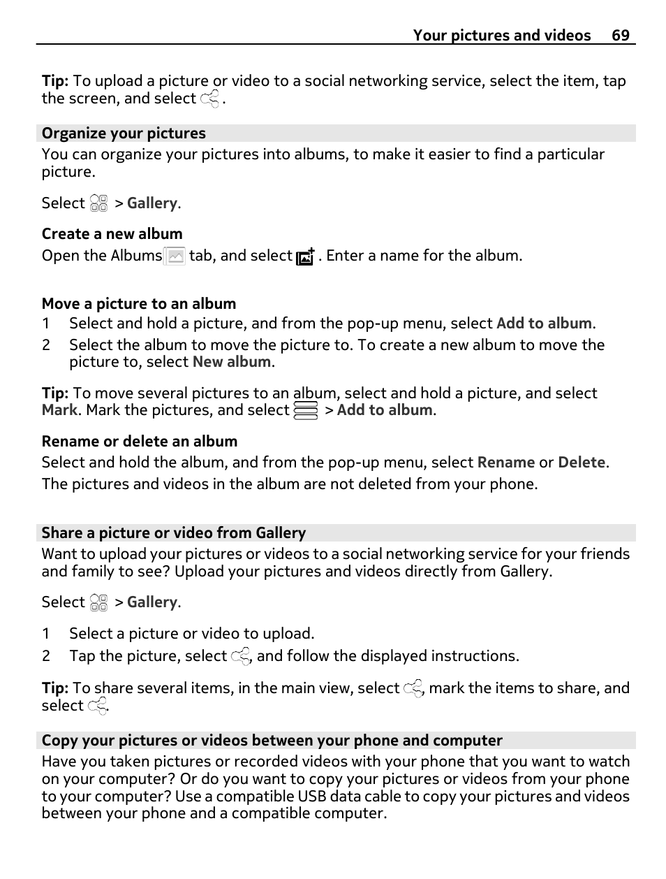 Organize your pictures, Share a picture or video from gallery | Nokia N8-00 User Manual | Page 69 / 130