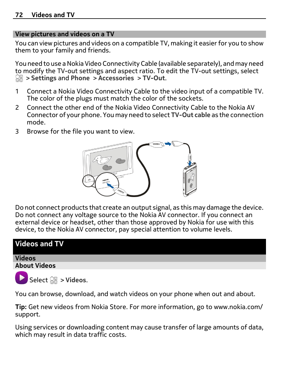 View pictures and videos on a tv, Videos and tv, Videos | About videos | Nokia N8-00 User Manual | Page 72 / 130