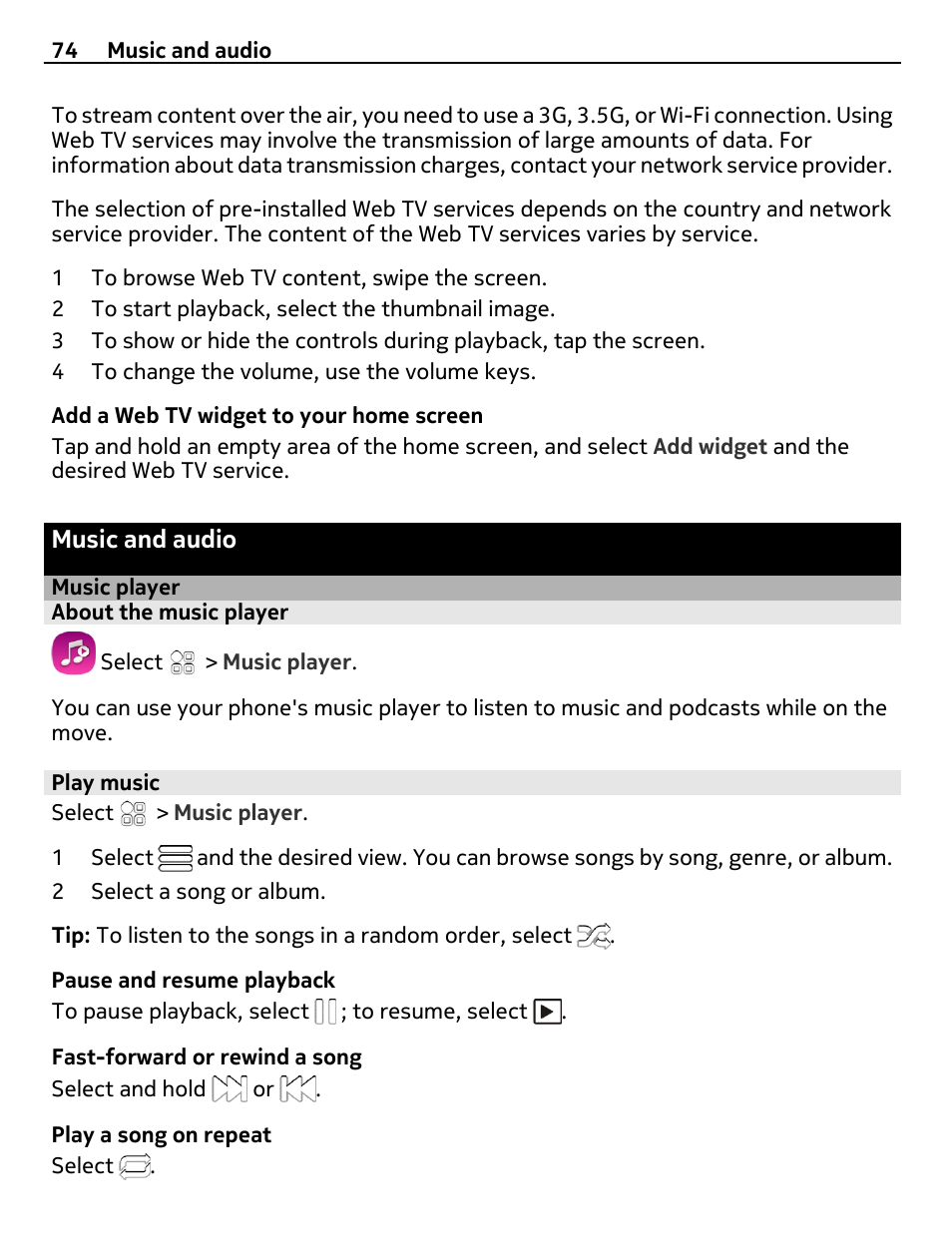 Music and audio, Music player, About the music player | Play music | Nokia N8-00 User Manual | Page 74 / 130