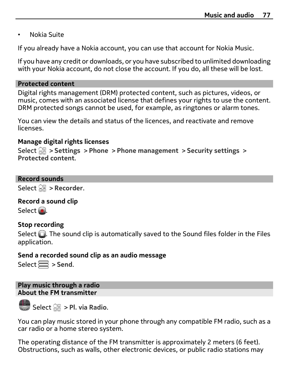 Protected content, Record sounds, Play music through a radio | About the fm transmitter | Nokia N8-00 User Manual | Page 77 / 130