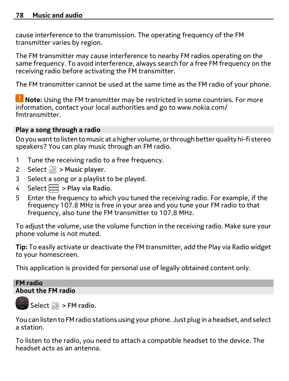 Play a song through a radio, Fm radio, About the fm radio | Nokia N8-00 User Manual | Page 78 / 130