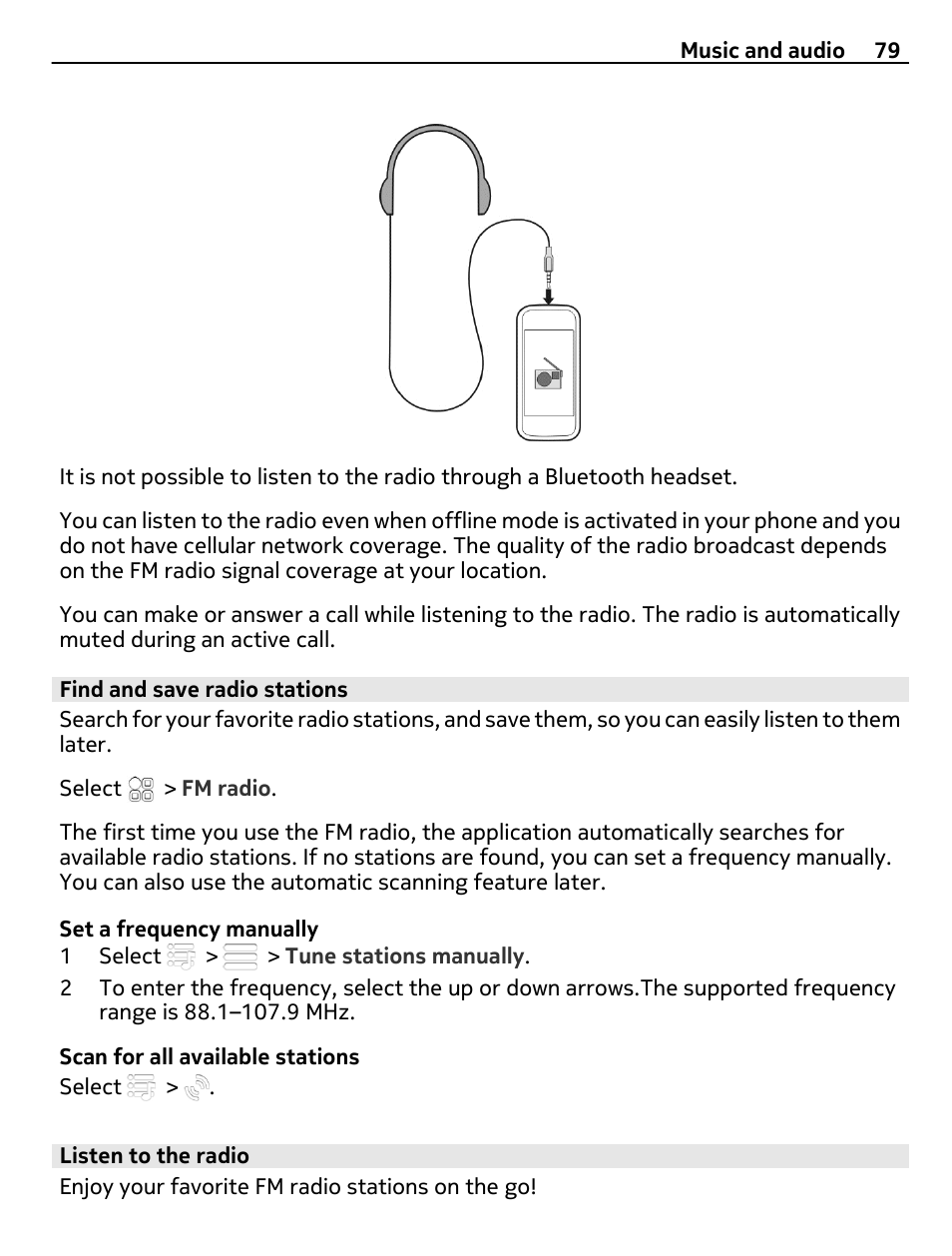 Find and save radio stations, Listen to the radio | Nokia N8-00 User Manual | Page 79 / 130