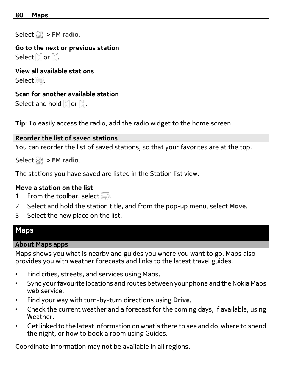 Reorder the list of saved stations, Maps, About maps apps | Nokia N8-00 User Manual | Page 80 / 130
