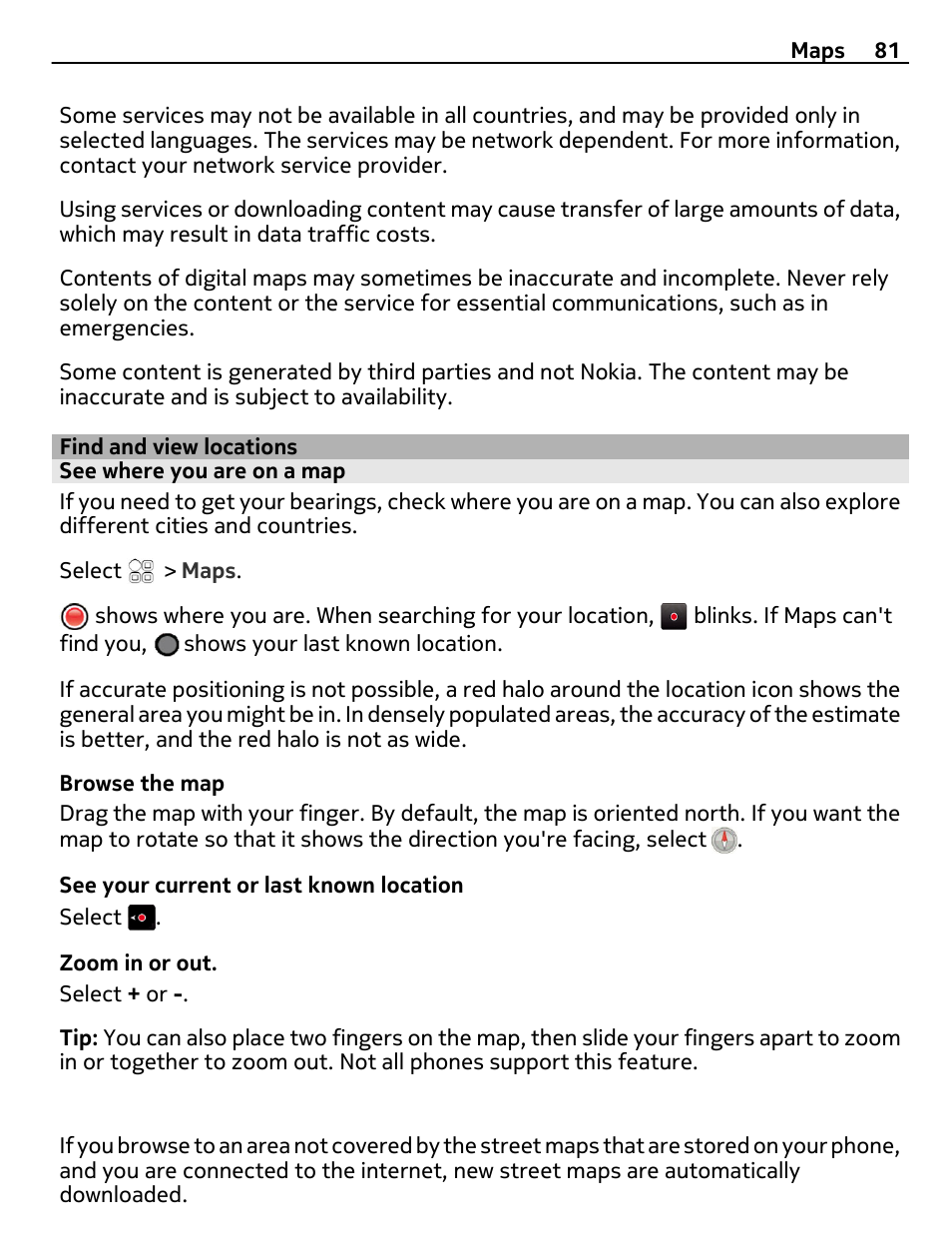 Find and view locations, See where you are on a map | Nokia N8-00 User Manual | Page 81 / 130