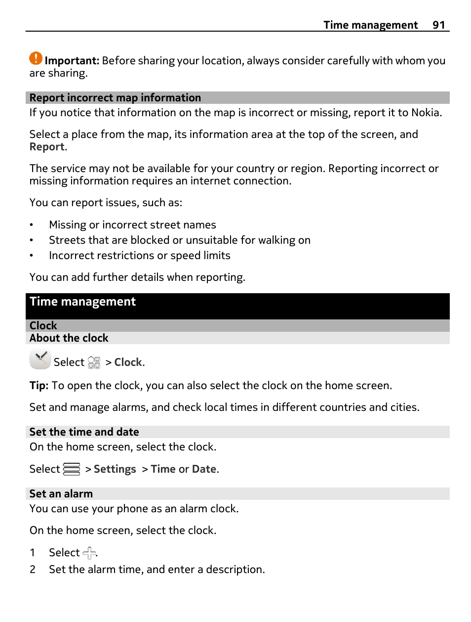 Report incorrect map information, Time management, Clock | About the clock, Set the time and date, Set an alarm | Nokia N8-00 User Manual | Page 91 / 130