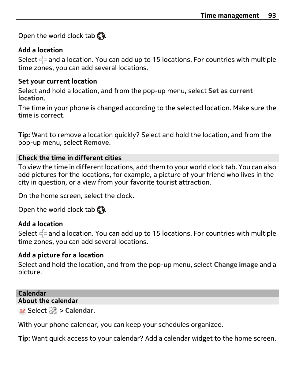 Check the time in different cities, Calendar, About the calendar | Nokia N8-00 User Manual | Page 93 / 130