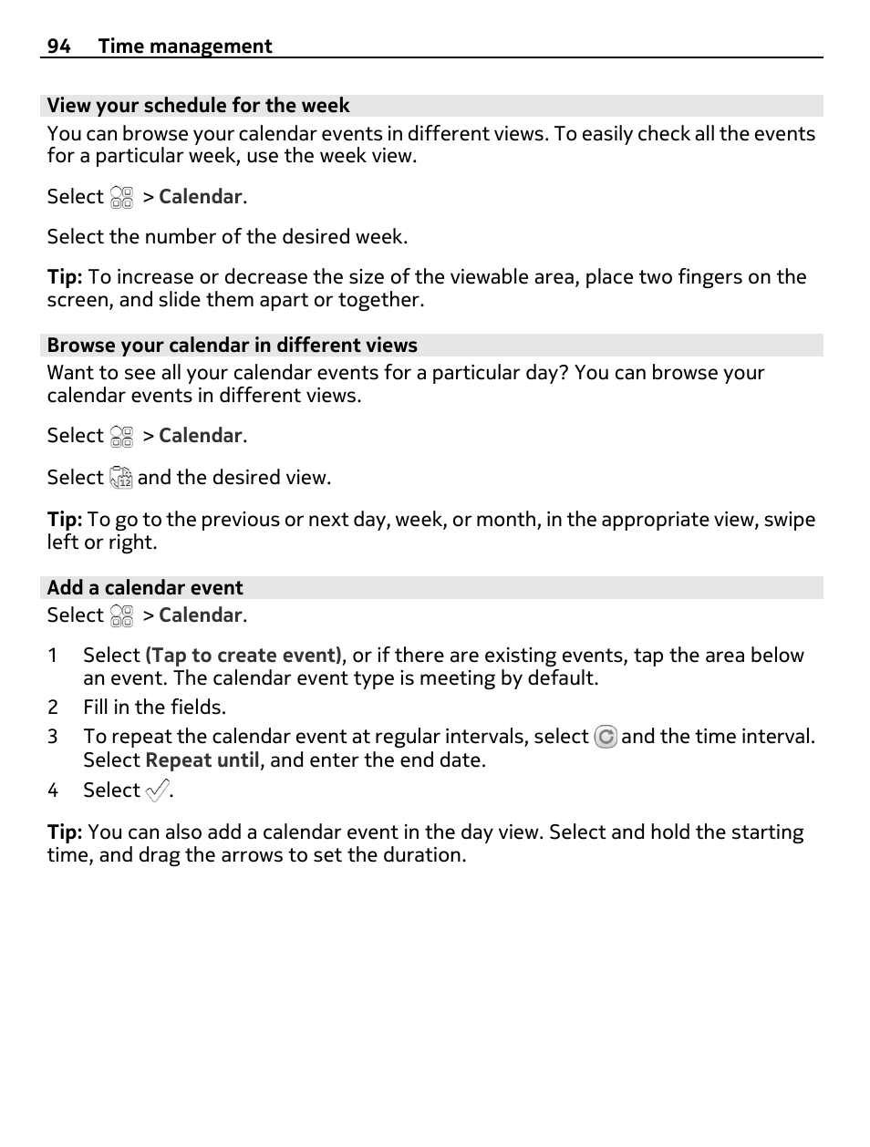 View your schedule for the week, Browse your calendar in different views, Add a calendar event | Nokia N8-00 User Manual | Page 94 / 130