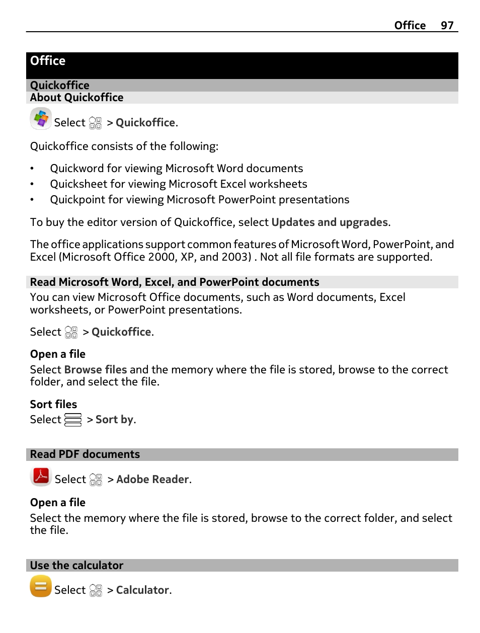 Office, Quickoffice, About quickoffice | Read pdf documents, Use the calculator | Nokia N8-00 User Manual | Page 97 / 130