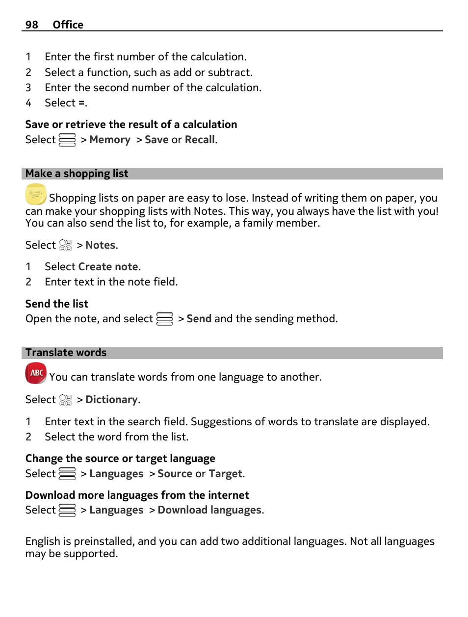 Make a shopping list, Translate words | Nokia N8-00 User Manual | Page 98 / 130
