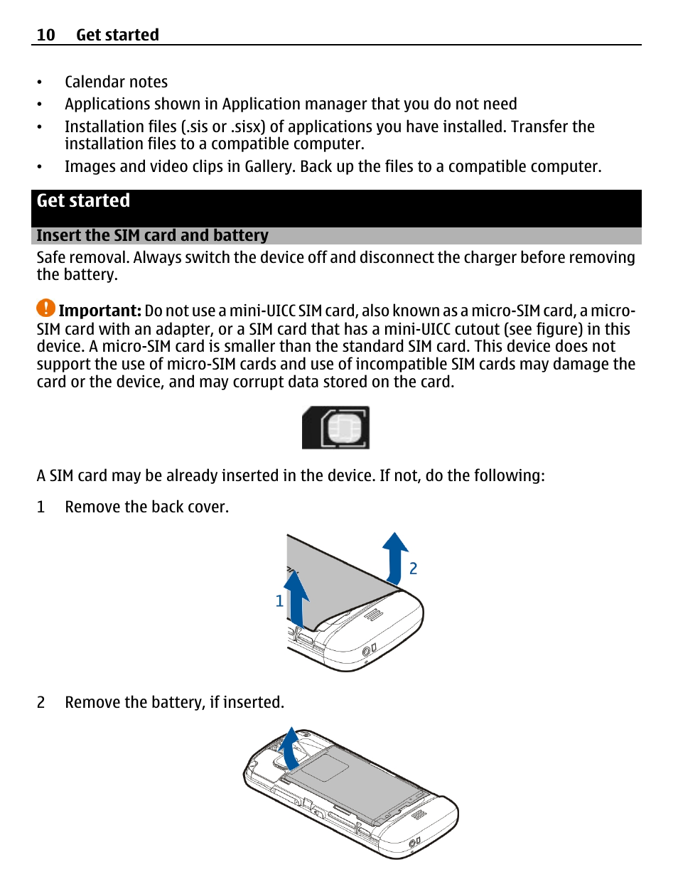 Get started, Insert the sim card and battery | Nokia C5-03 User Manual | Page 10 / 116