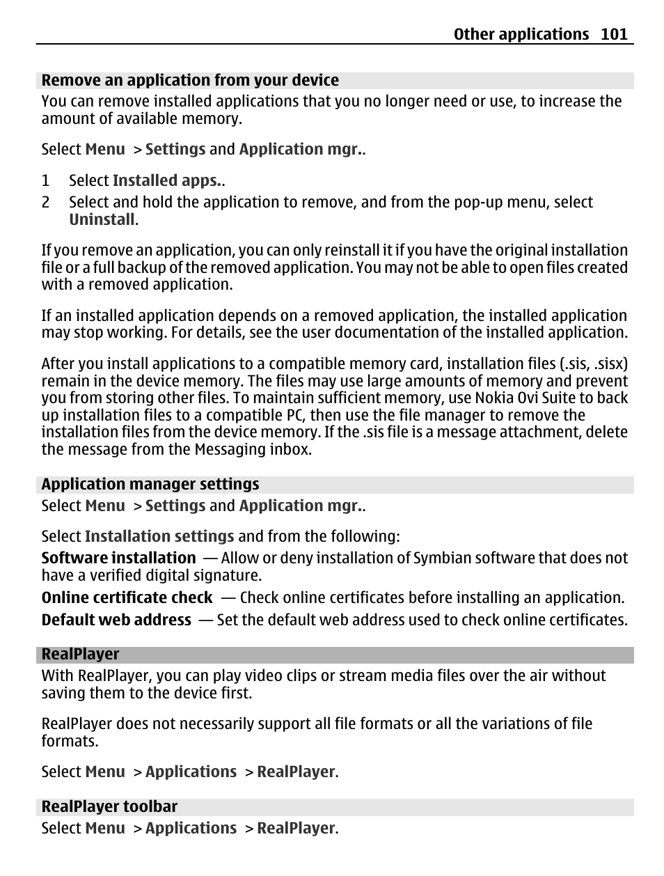 Remove an application from your device, Application manager settings, Realplayer | Realplayer toolbar, Realplayer 101 | Nokia C5-03 User Manual | Page 101 / 116