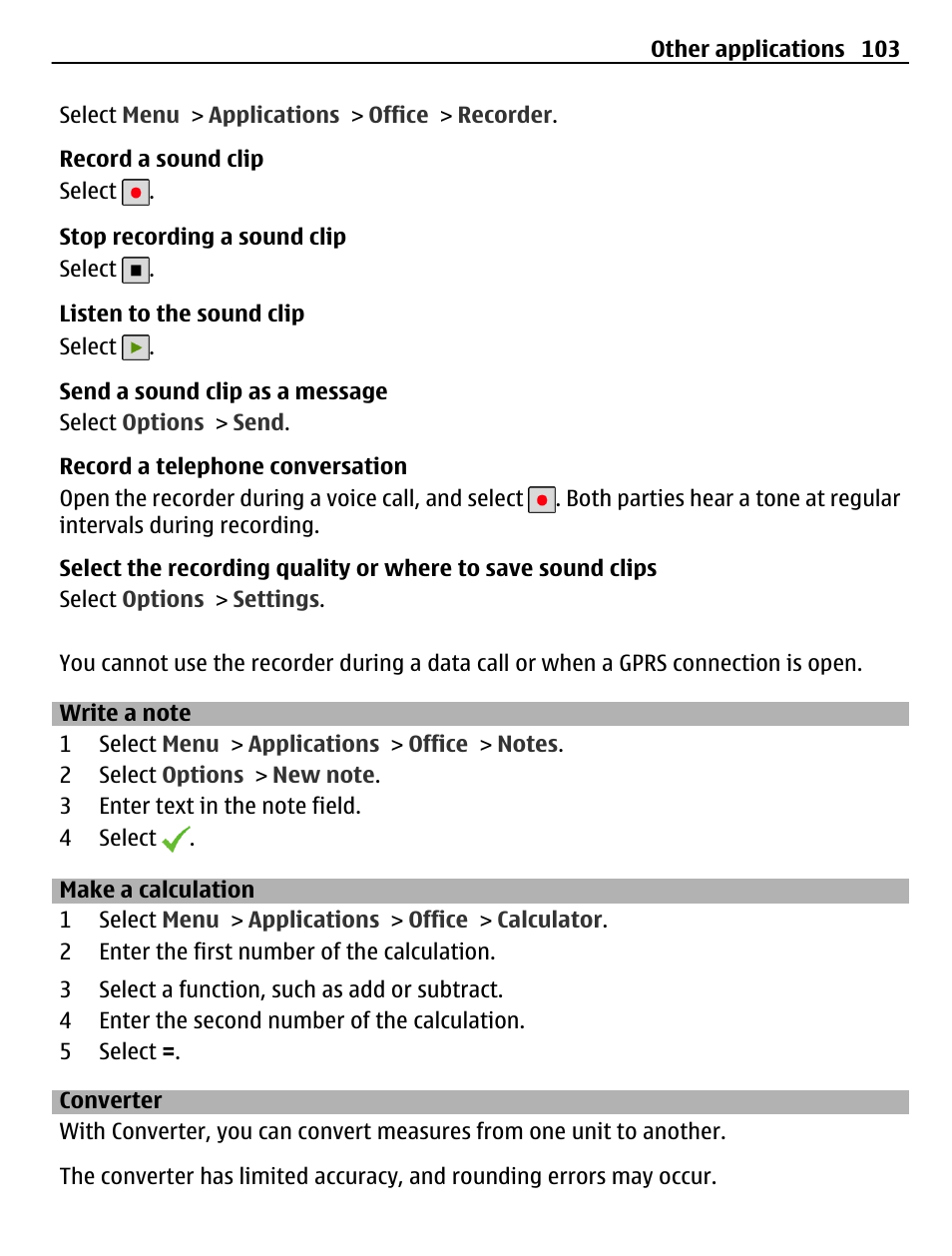Write a note, Make a calculation, Converter | Nokia C5-03 User Manual | Page 103 / 116
