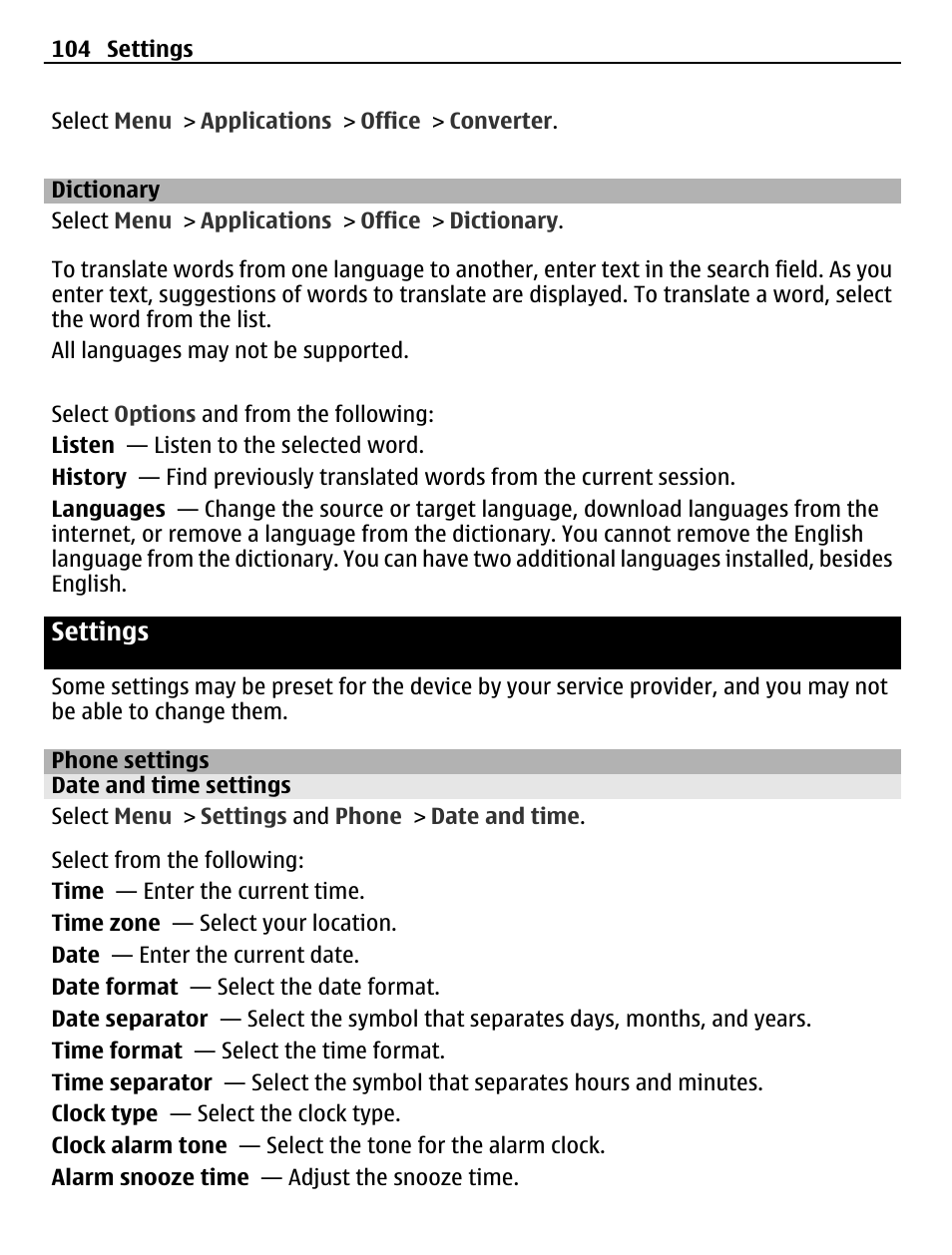 Dictionary, Settings, Phone settings | Date and time settings | Nokia C5-03 User Manual | Page 104 / 116