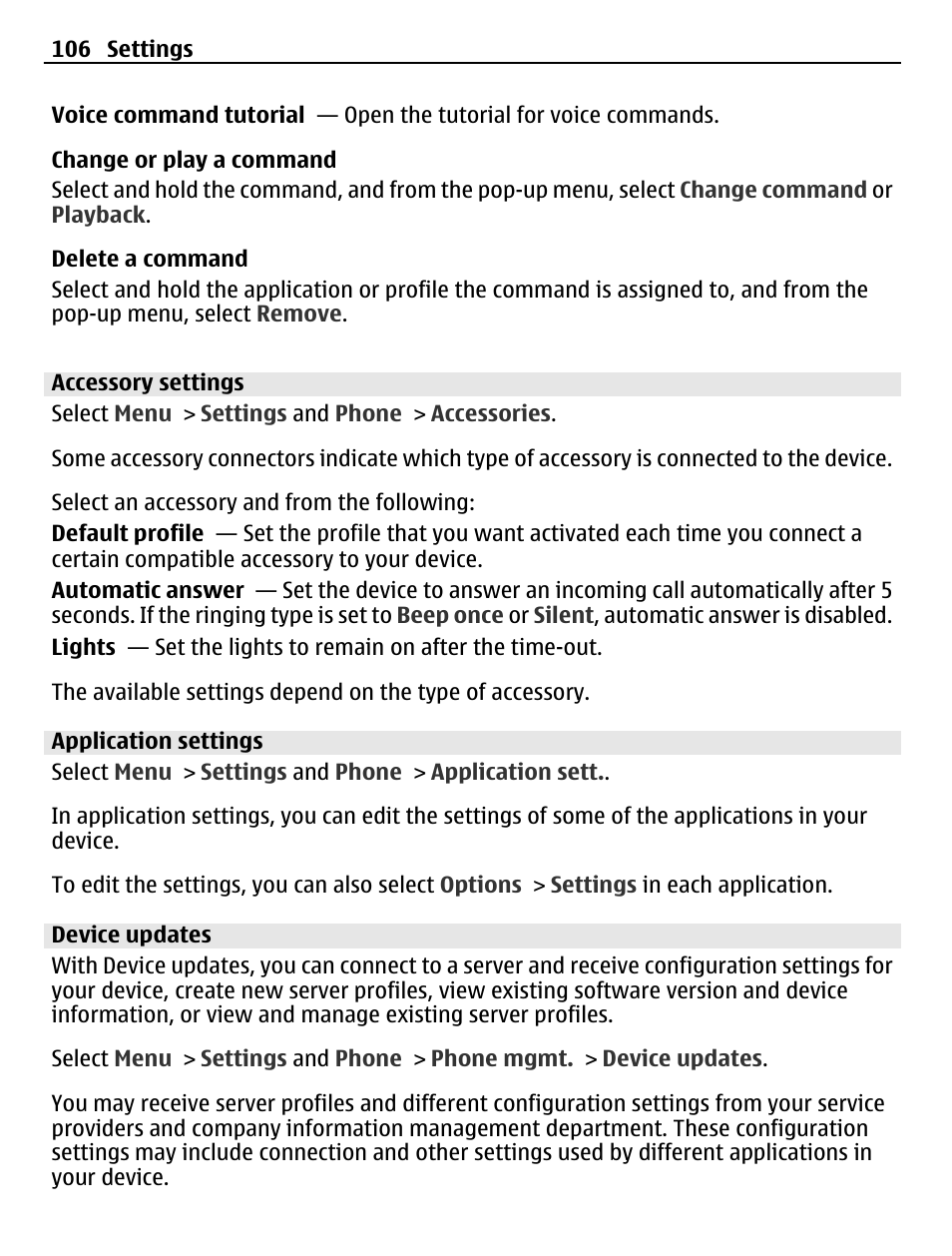 Accessory settings, Application settings, Device updates | Nokia C5-03 User Manual | Page 106 / 116