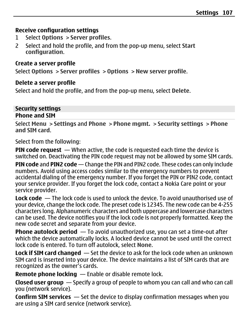 Security settings, Phone and sim | Nokia C5-03 User Manual | Page 107 / 116