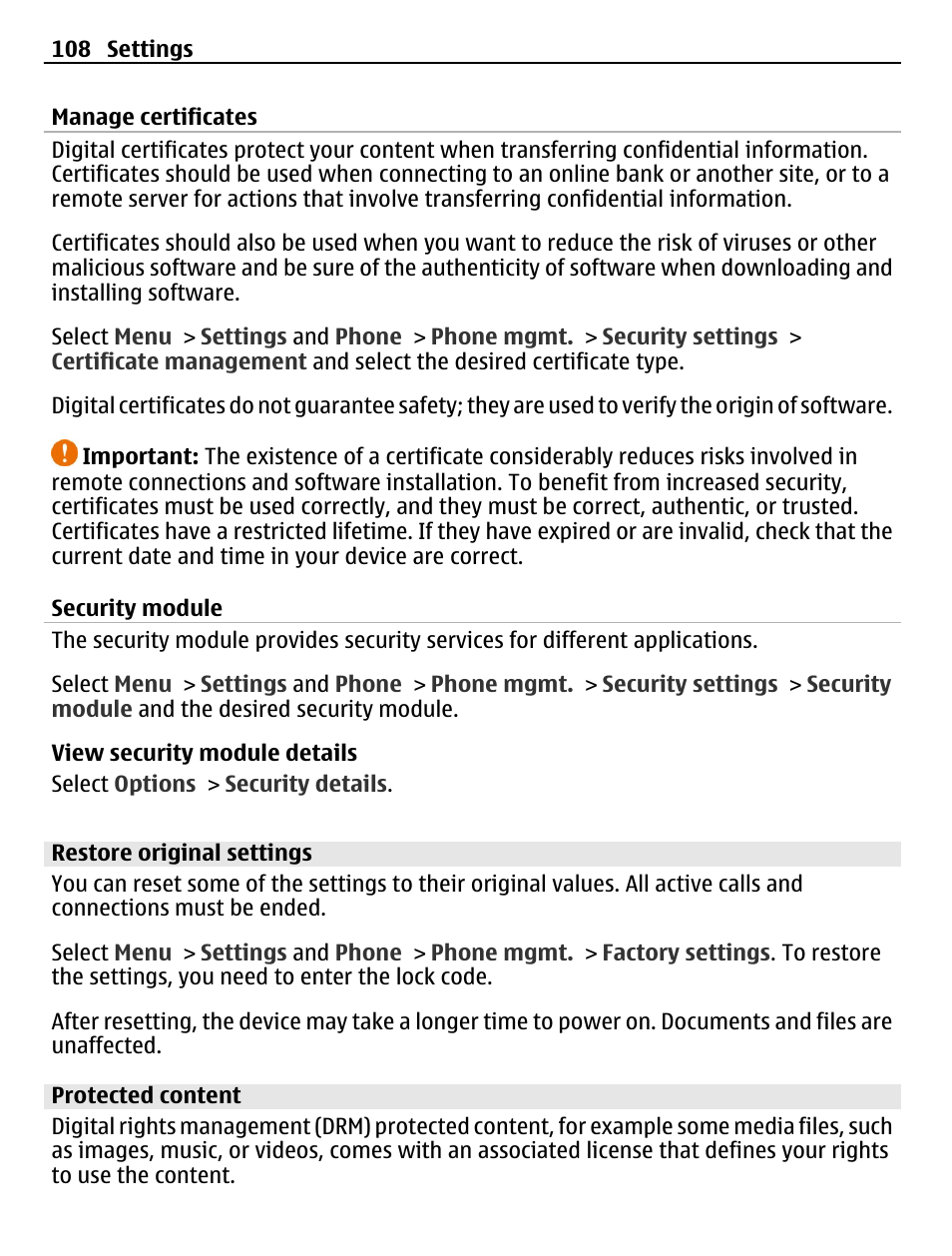 Manage certificates, Security module, Restore original settings | Protected content | Nokia C5-03 User Manual | Page 108 / 116