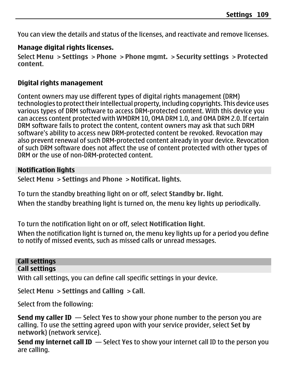 Notification lights, Call settings | Nokia C5-03 User Manual | Page 109 / 116