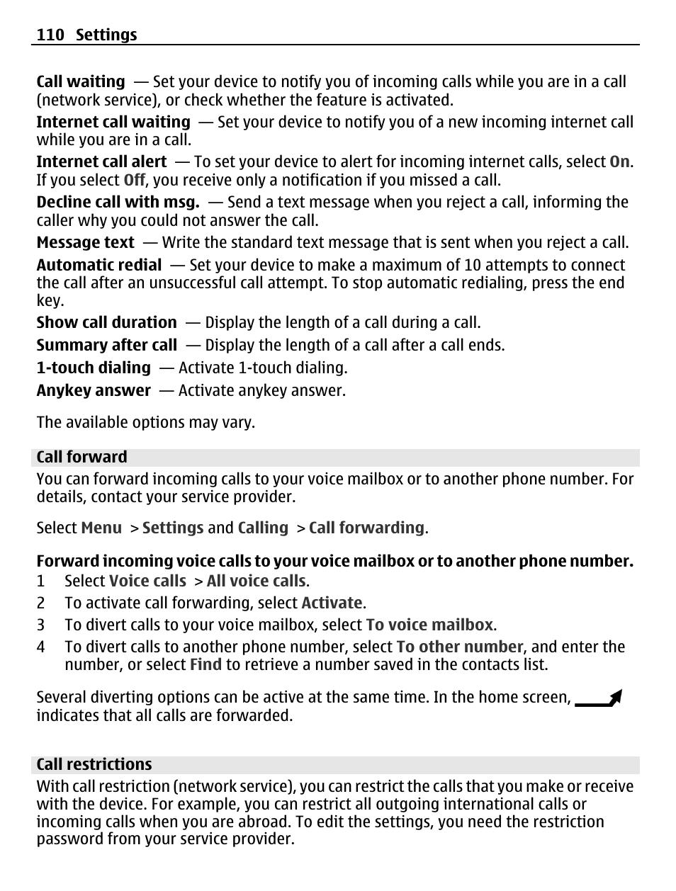 Call forward, Call restrictions | Nokia C5-03 User Manual | Page 110 / 116