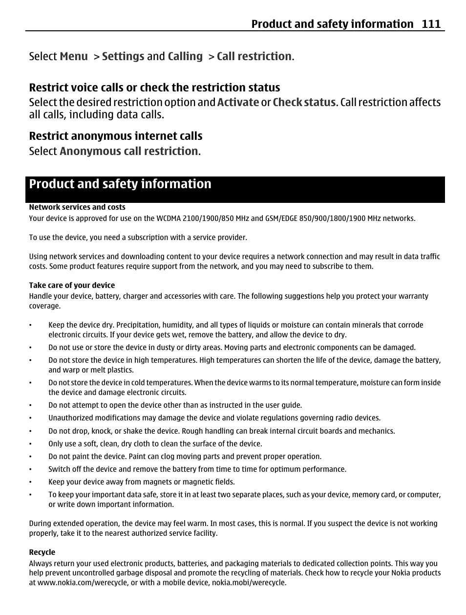 Product and safety information, Network services and costs, Take care of your device | Recycle, Product and safety information 111 | Nokia C5-03 User Manual | Page 111 / 116