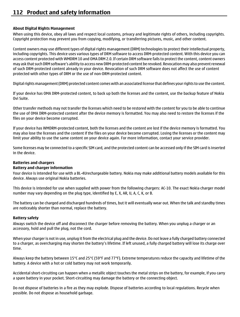 About digital rights management, Batteries and chargers, Battery and charger information | Battery safety, 112 product and safety information | Nokia C5-03 User Manual | Page 112 / 116